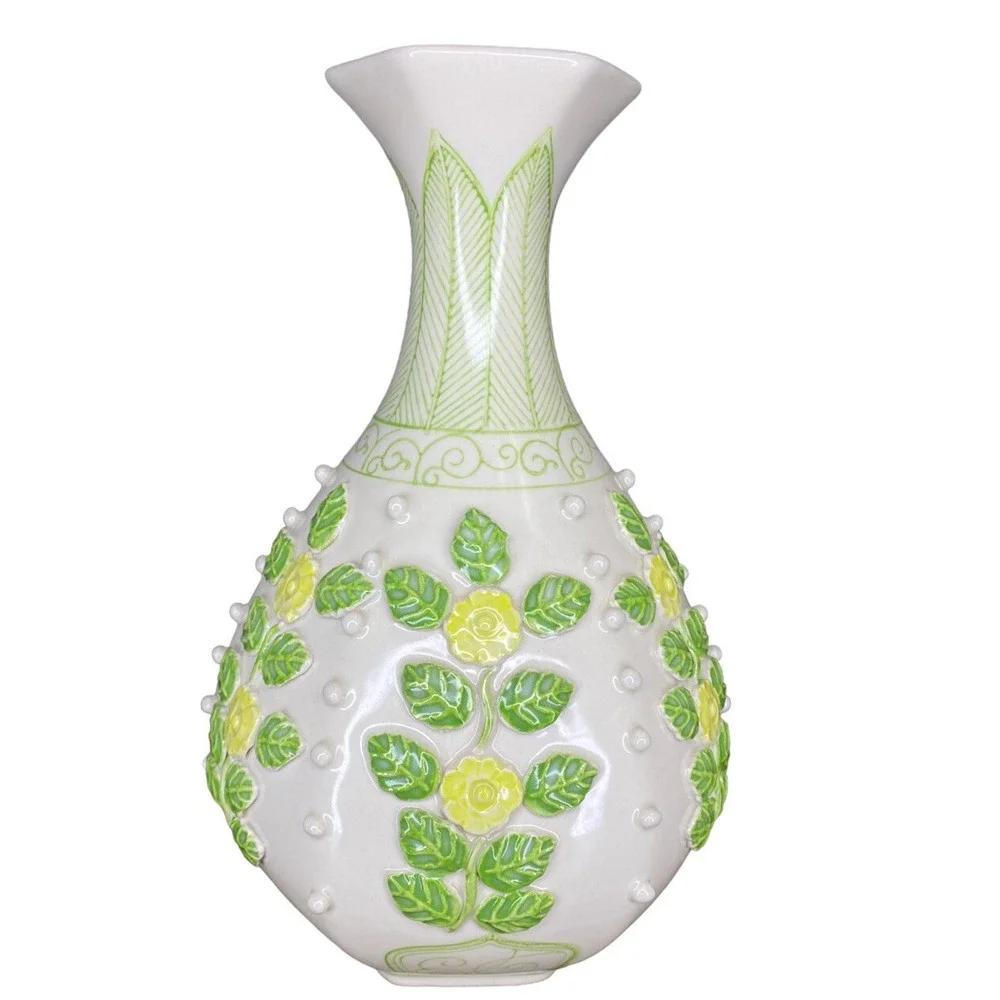 Anthropologie Vase Applied Flowers Yellow Green Leaf Vine Scroll Paneled